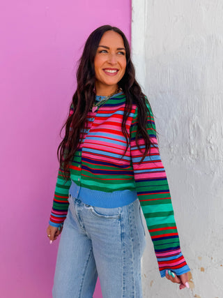 Color Mix Striped Cardigan-Green/Pink Mix