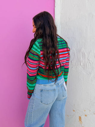 Color Mix Striped Cardigan-Green/Pink Mix