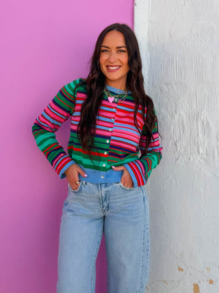 Color Mix Striped Cardigan-Green/Pink Mix