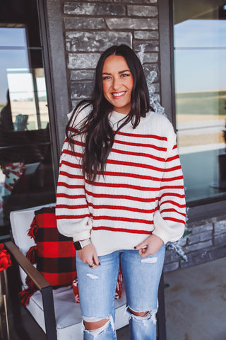 Casey Striped Sweater-Cream/Red