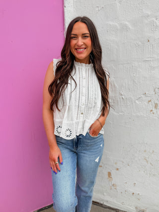 Adva Eyelet Button Down Top-Off White