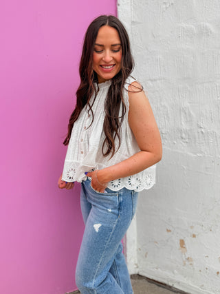 Adva Eyelet Button Down Top-Off White