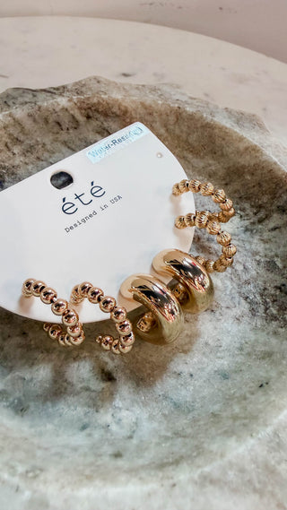Set Of 3 Gold Beaded Huggie Hoops