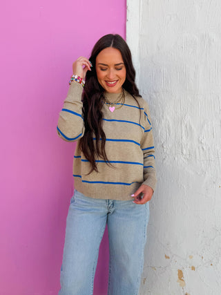 Jess Sweater-Taupe/Blue Stripe