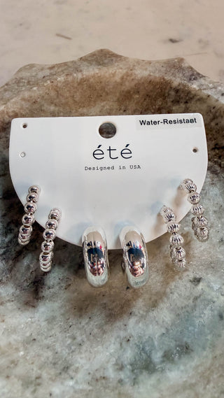 Set Of 3 Silver Beaded Huggie Hoops