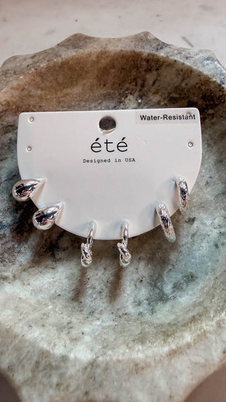 Set Of 3 Silver Huggie Hoops, Teardrop Stud Earrings