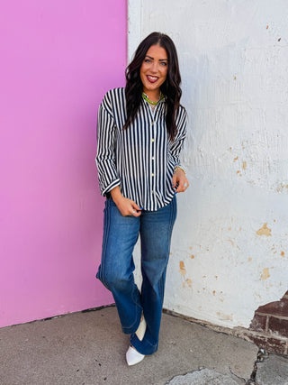 Mandi Striped Button Down-Navy