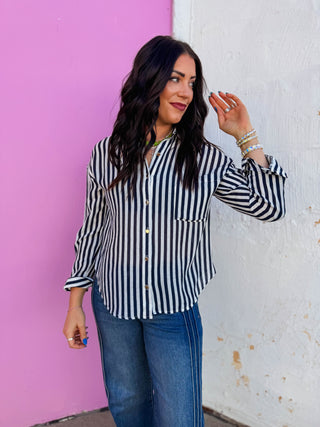 Mandi Striped Button Down-Navy