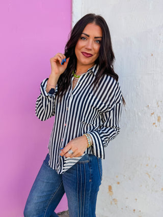 Mandi Striped Button Down-Navy