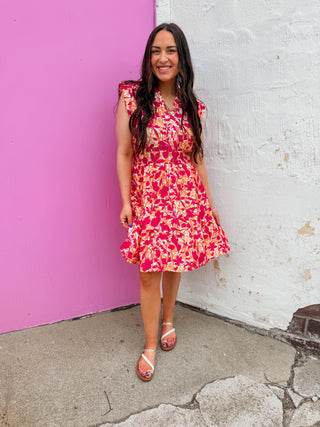 Kendra Floral Mini Dress-Fuchsia/Peach