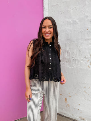 Adva Eyelet Button Down Top-Black
