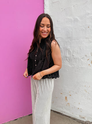 Adva Eyelet Button Down Top-Black