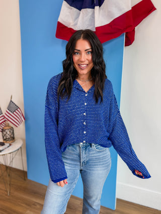 Just Right Striped Cardigan-Royal Blue