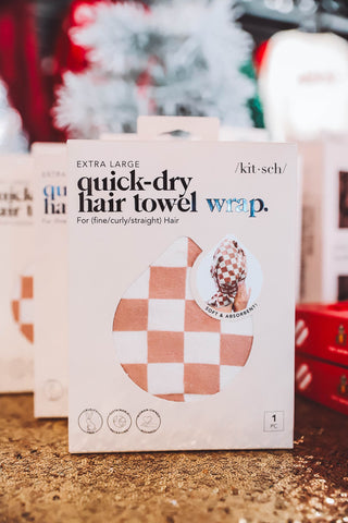 XL Quick Dry Hair Towel Wrap-Terracotta Checker