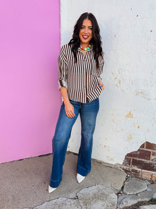 Mandi Striped Button Down-Dark Brown