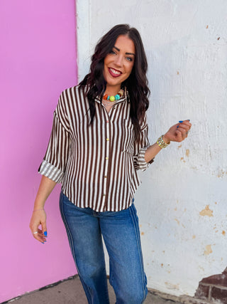 Mandi Striped Button Down-Dark Brown