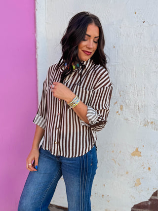 Mandi Striped Button Down-Dark Brown
