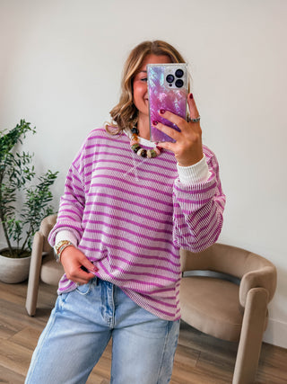 Sienna Striped Corded Pullover-Light Plum
