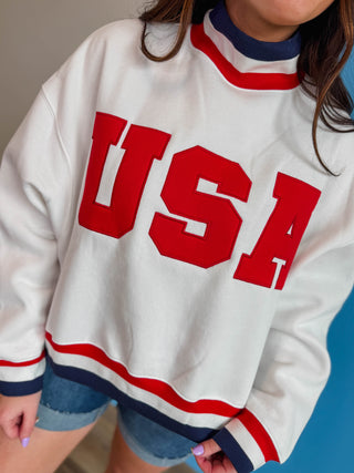USA Varsity Mock Neck Sweatshirt-White