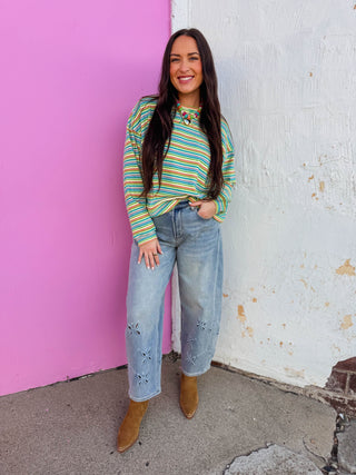 Good Vibes Striped Pullover-Teal/Lime
