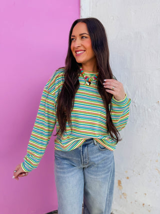 Good Vibes Striped Pullover-Teal/Lime
