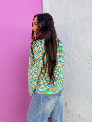 Good Vibes Striped Pullover-Teal/Lime