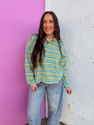 Good Vibes Striped Pullover-Teal/Lime