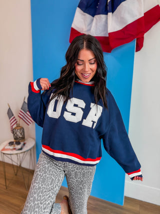 USA Varsity Mock Neck Sweatshirt-Navy