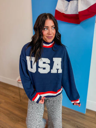 USA Varsity Mock Neck Sweatshirt-Navy