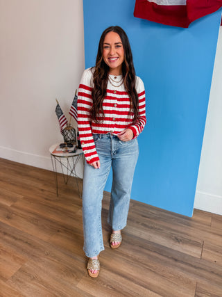 Kayla Striped Cardigan-Red