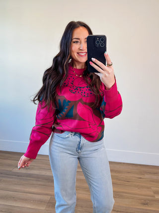 Zinnia Floral Sweater-Magenta Multi