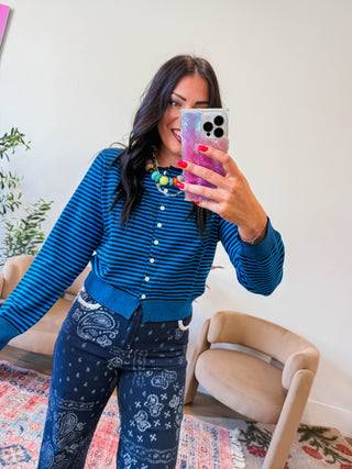 Montana Striped Cardigan-Teal/Navy