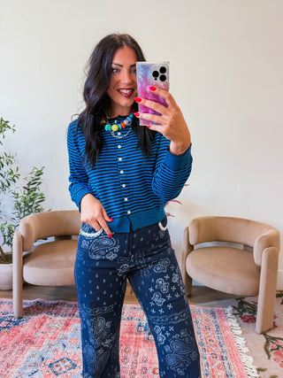 Montana Striped Cardigan-Teal/Navy
