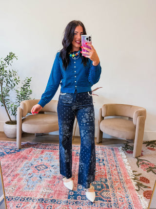 Montana Striped Cardigan-Teal/Navy