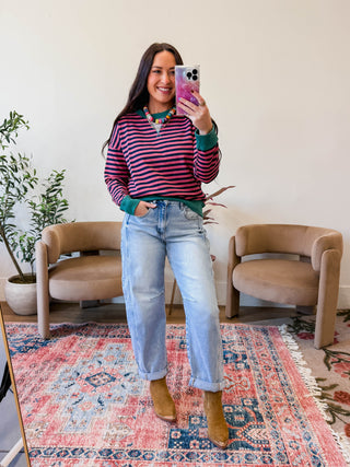 Heidi Striped Pullover-Fuchsia/Green