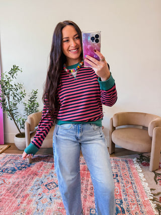 Heidi Striped Pullover-Fuchsia/Green