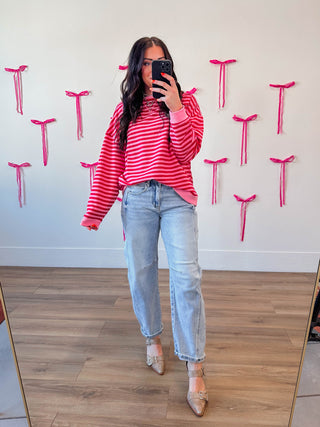 On The Line Pullover-Pink/Red