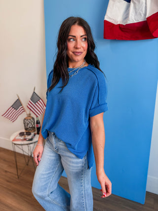Kyla Corded Top-Ocean Blue