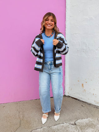 Addison Striped Cardigan-Mocha/Blue