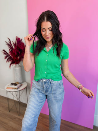 Maya Ribbed Button Down Tee-Green