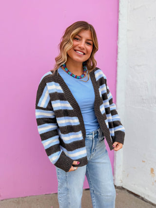 Addison Striped Cardigan-Mocha/Blue