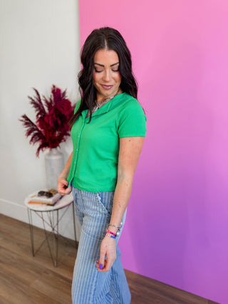 Maya Ribbed Button Down Tee-Green