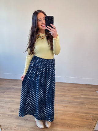 Kyla Polka Dot Midi Skirt-Navy