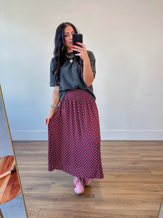 Kyla Polka Dot Midi Skirt-Red Bean