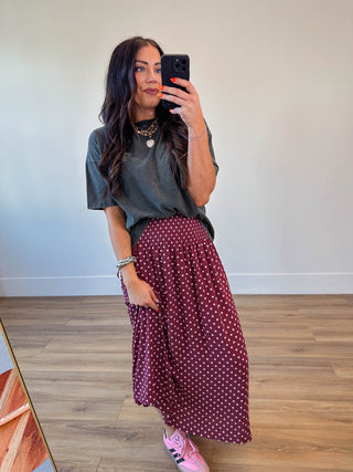 Kyla Polka Dot Midi Skirt-Red Bean