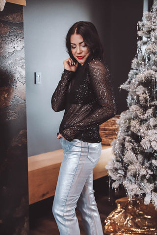 Kendall Sequin Long Sleeve Top-Black