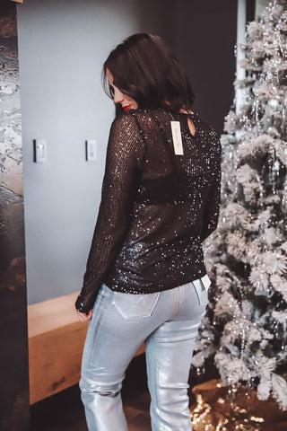 Kendall Sequin Long Sleeve Top-Black