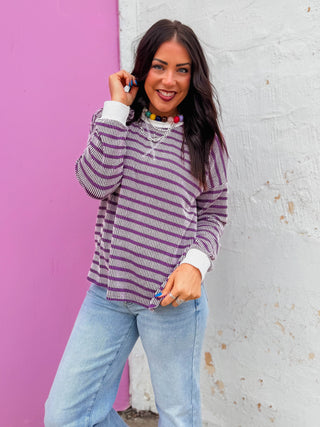 Sienna Striped Corded Pullover-Purple