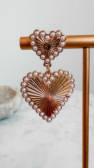 Pearl Studded Heart Earrings-Gold