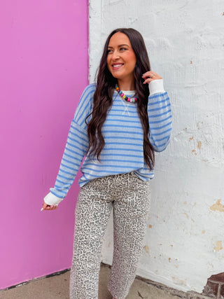 Sienna Striped Corded Pullover-Blue